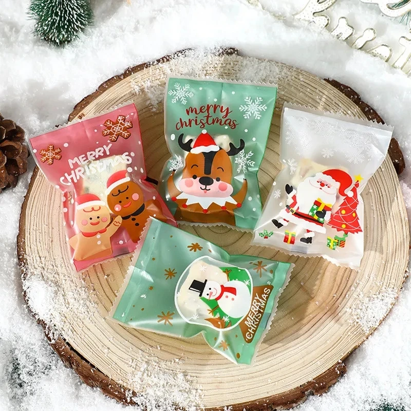 100pcs Hot Seal Christmas Candy Cookie Bags Cartoon Nougat Baking Packaging Pounches Christmas Decorations 2024 New Year Gift