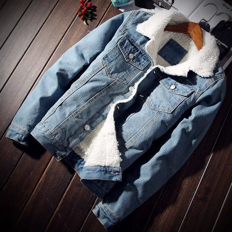 Plus Size Winter Fleece-lined Denim Coat Men's Slim Fit Padded Jacket Imitation Lamb Fluff Youth Foreign Trade Cotton-Padded Coa