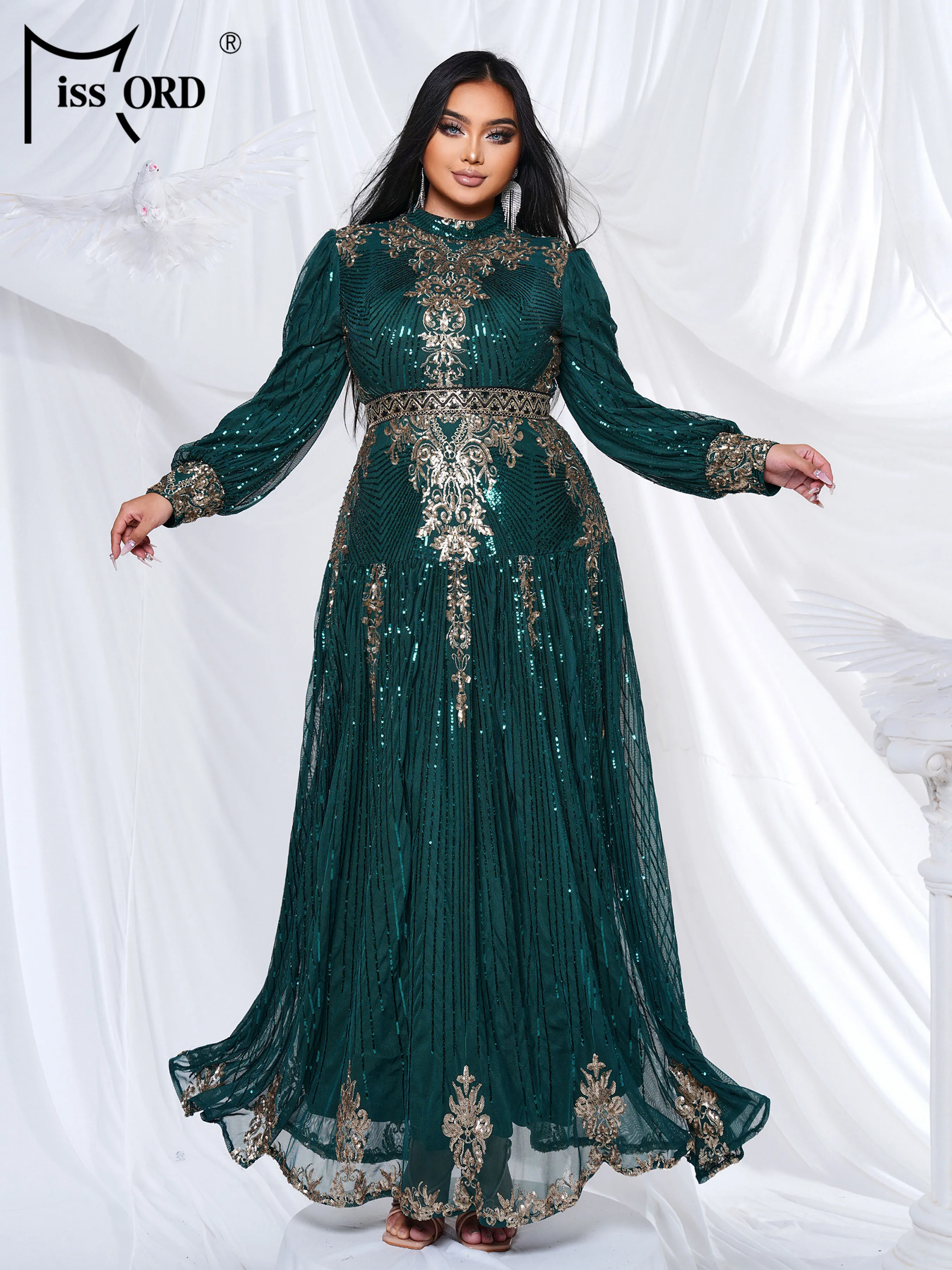 Missord-Robe de soirée trapèze verte à paillettes, grande taille, col haut, géométrique, robes d'occasion formelles