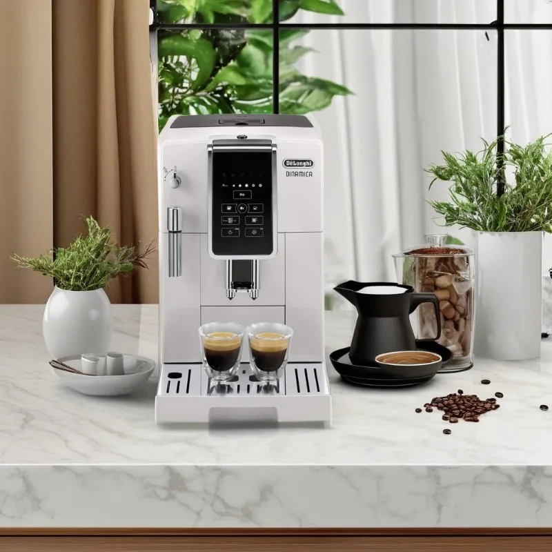 Máquina de café expresso De'Longhi Dinamica, branca - fabricação automática de feijão a xícara, moedor de rebarbas de aço integrado e batedor manual