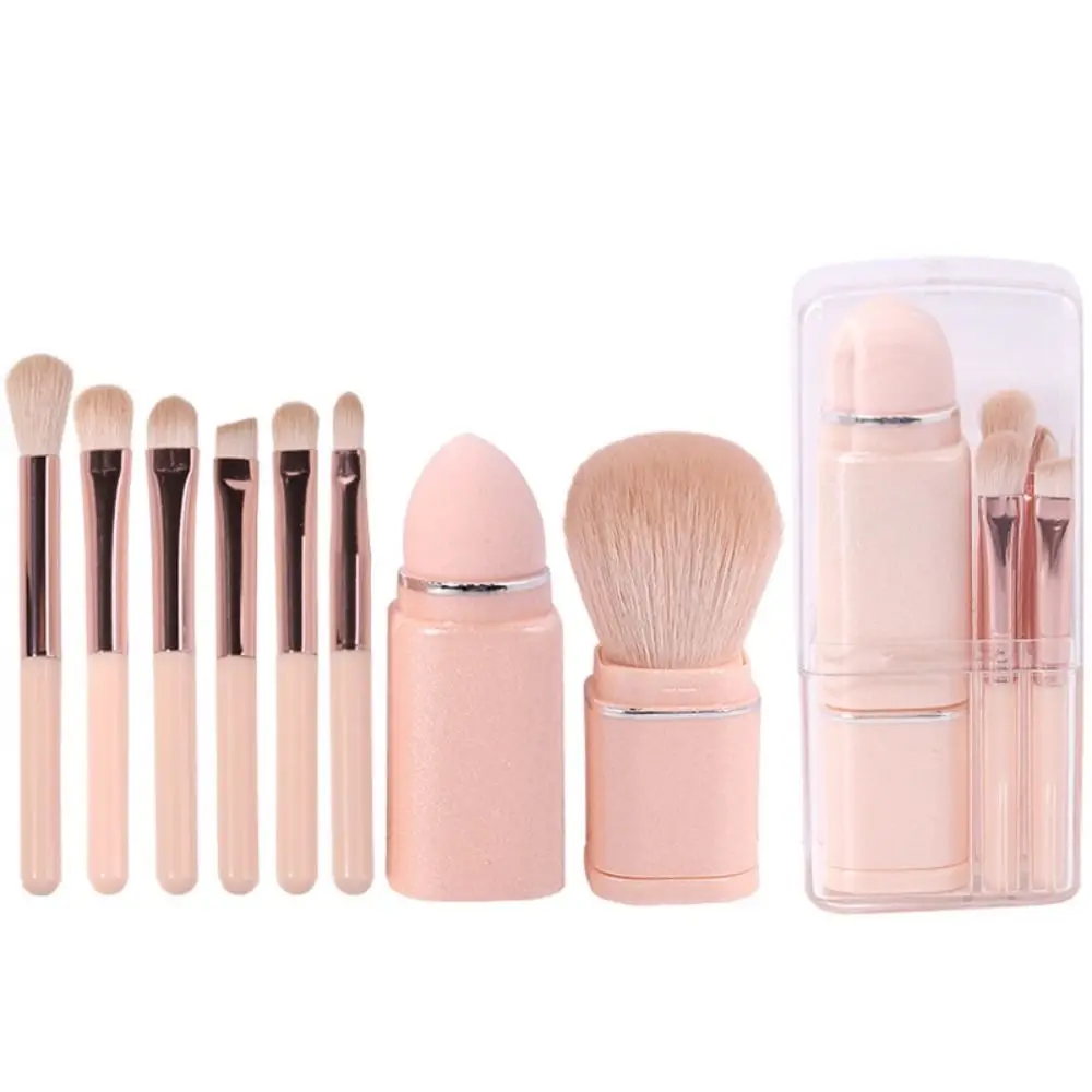 Portable 8 in1 Mini Makeup Brush Set Square Kabuki Blending Cosmetic Brush Highlighter Powder Puff Telescopic Makeup Brush Women