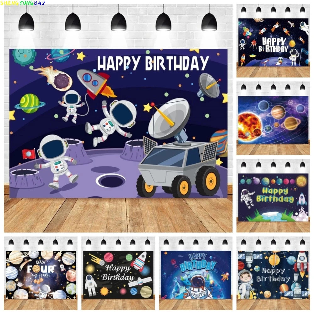 Weltraum-Astronauten-Raketen-Galaxie-Planeten-Themenbanner-Hintergrund, Kindergeburtstags-Party-Dekoration Fotografie-Hintergrund