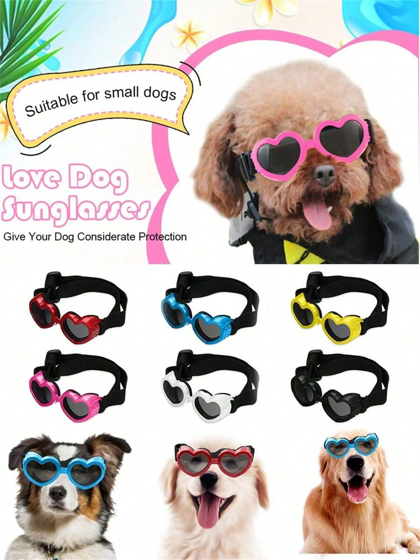 1PC Dog Sunglasses Small Breed,UV Protection Heart-Shaped Dog Sunglasses With Adjustable Strap, Heart Dog Goggles For Waterproof