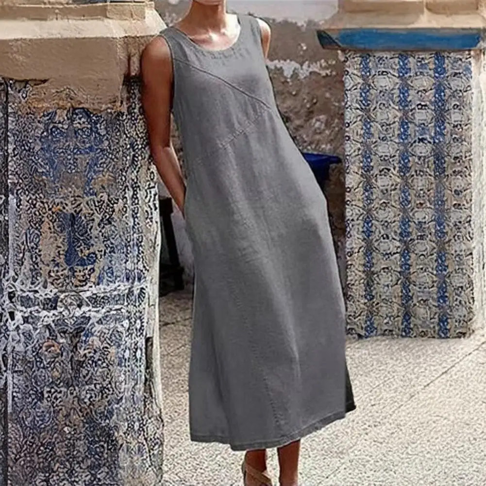 Women Polyester Dress Elegant Maxi Dress with Pockets for Women Loose Crew Neck Tank Dress for Beach Vacation Long Sundress