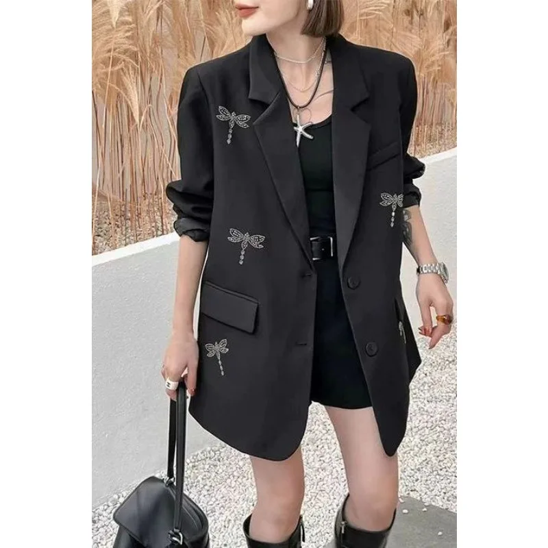 New Female Casual Blazer Spring Autumn Loose Wide-version Suit Jacket Diamond-encrusted High-end Office Women Clothing Outerwear