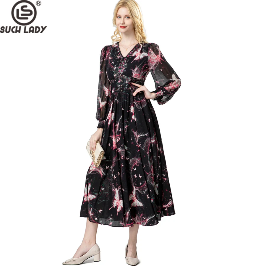 

Women's Dresses Sexy V Neck Long Lantern Sleeves Printed Beaded Fashion Designer Casual Vestidos