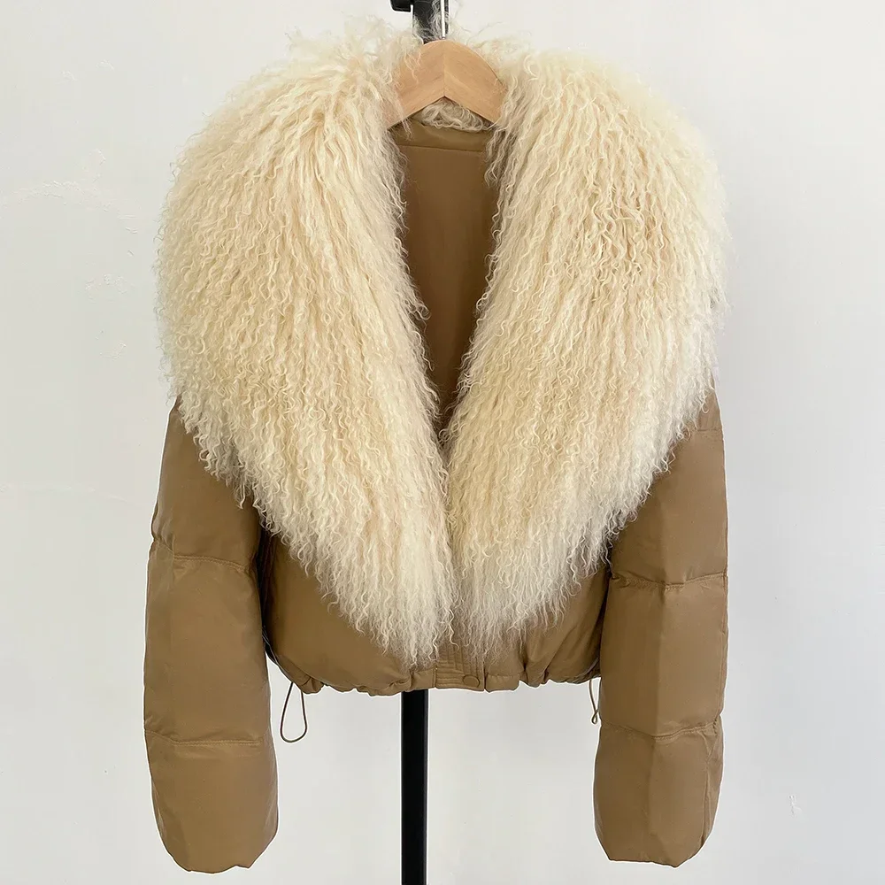 

OFTBUY Fur Coat Female Winter White Duck Down Waterproof PU Short Puffer Jacket Real Mongolia Sheep Fur Collar Coat Women
