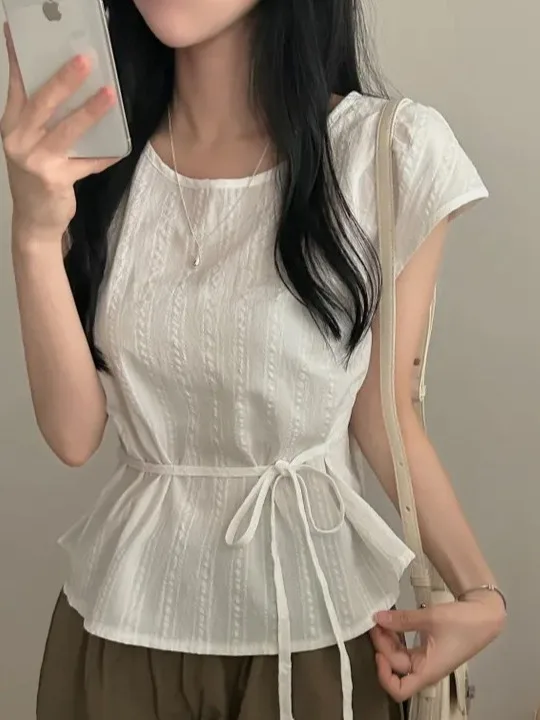 

Ele round Ne Dstring ort Sve irt Women's Summer New Sle Chic Top Faionable Waist-Cinching irt