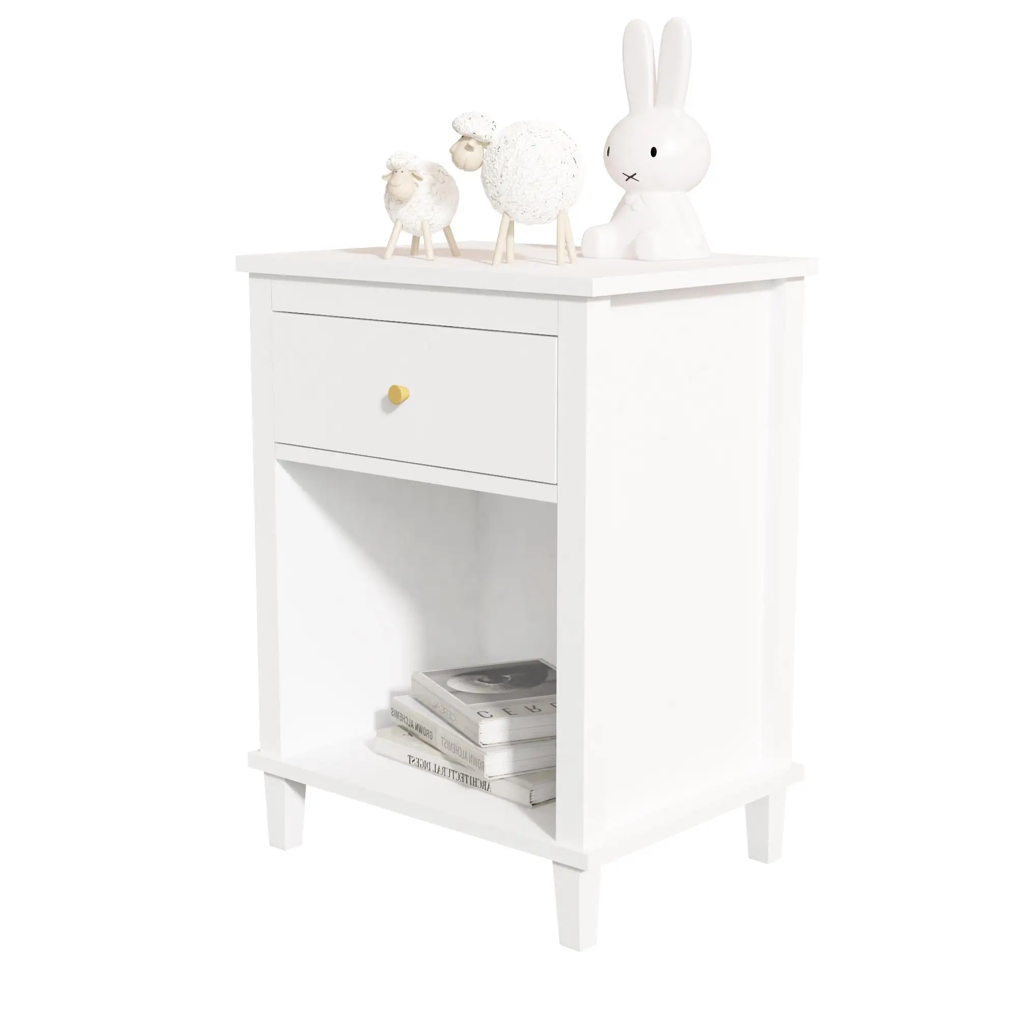 

26.77'' White Wooden Nightstand with Drawer & Shelf - Stylish Storage for kids & Adults