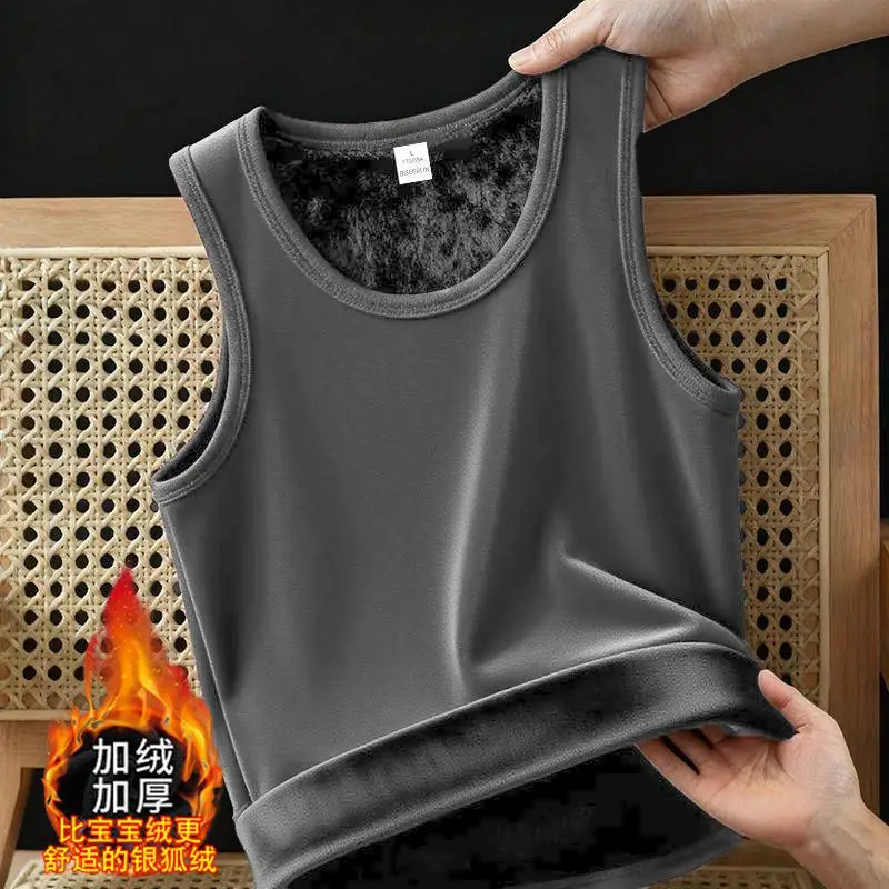 Warmth-Thickened Men's Vest Winter Slim Fit Warm Velvet Solid Windproof Thermo Lingerie Tshirts Plus Size Winter Daily Wear Tops