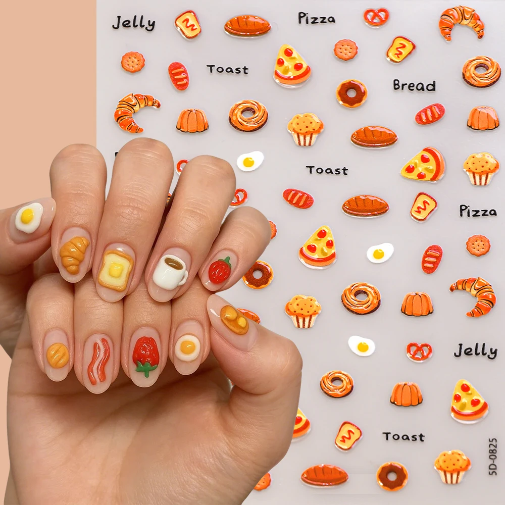 1 Sheet 5D Cartoon Toast Pizza Nail Decal Cute Embossed Bread&Fried Egg&Cookies Food Adhesive Nail Sticker Breakfast Nail Slider