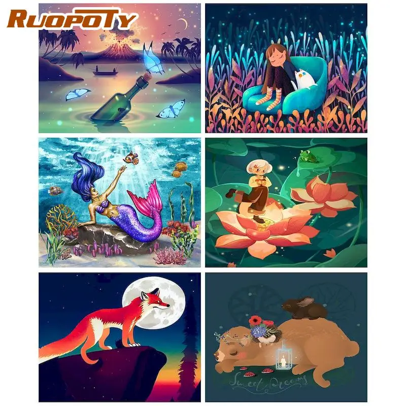 

RUOPOTY New Arrival Diamond Painting Cartoon Illustration Full Square Diamond Embroidery Mosaic House Craft Kit Home Decor