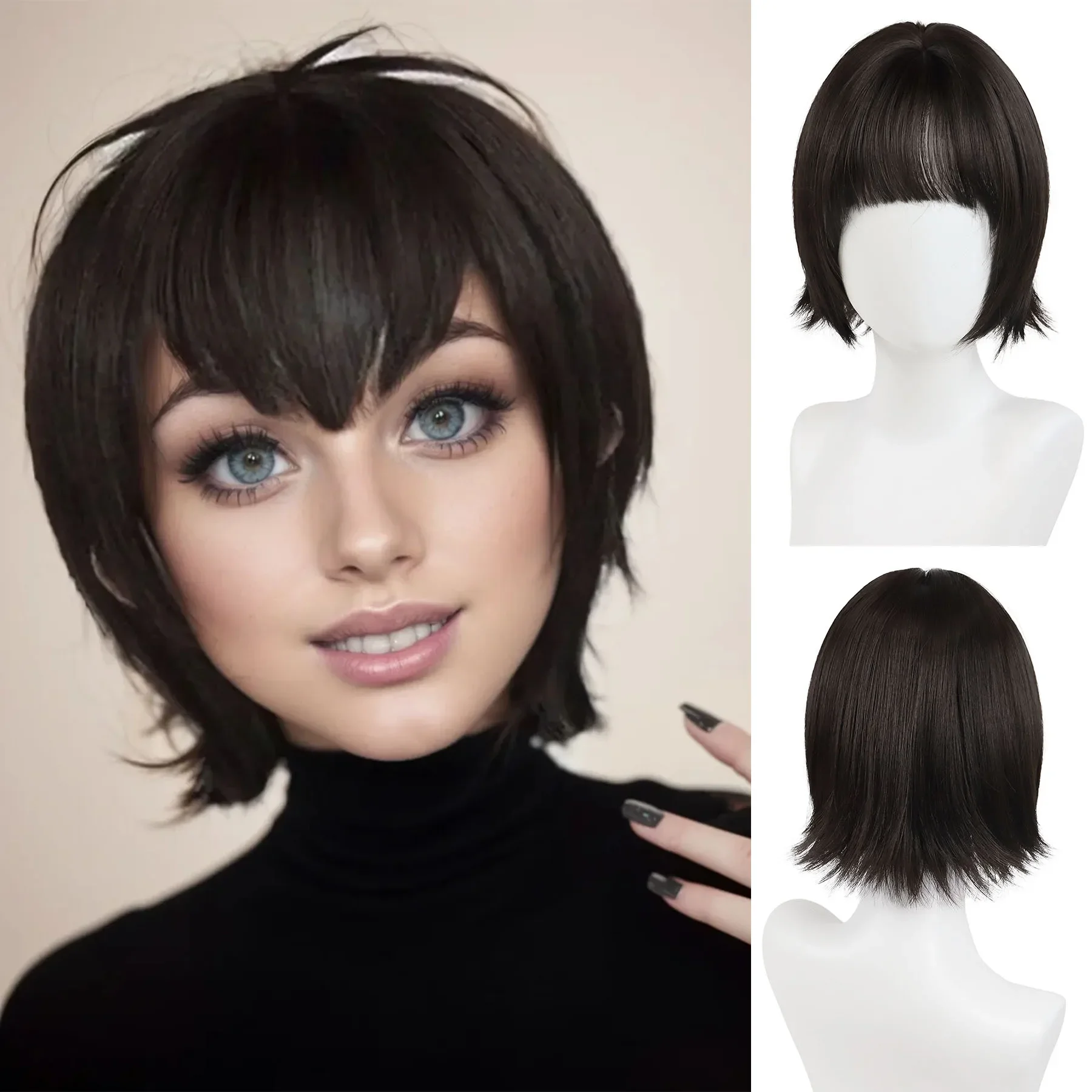 Synthetic Wig Dark Brown Wig Short Curly Hair Wigs for Women Halloween Costume Wigs Heat Friendly Natural Black Mavis Cosplay