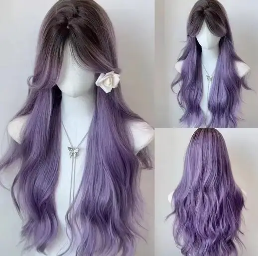 Synthetic Ombre Purple Long Wavy Women Wig Middle Part Fluffy Lolita Cosplay Heat Resistant Wig for Daily Party