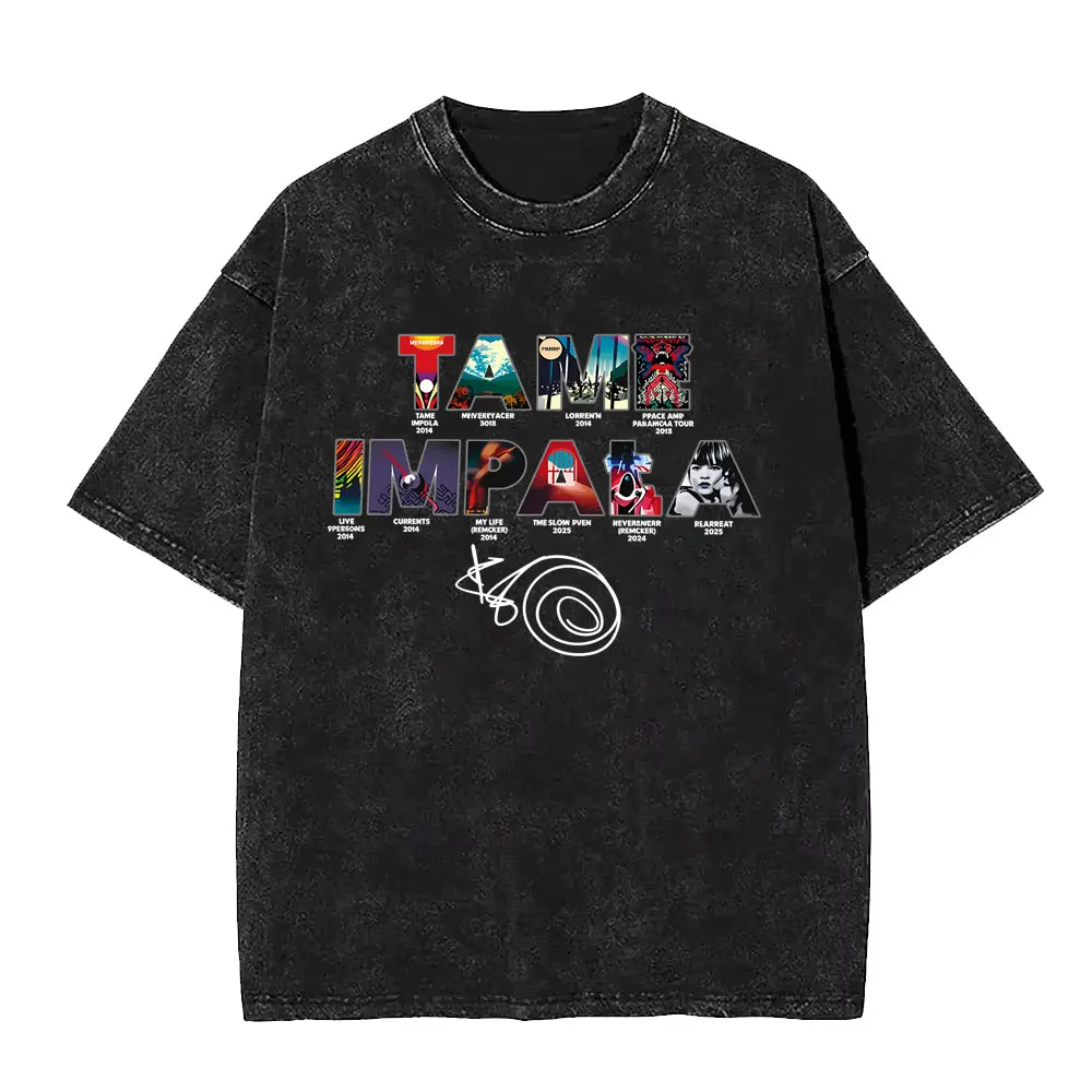 Vintage Washed Pop Rock Band Tame Impala Music Album Graphic T Shirt Men Women Casual Cotton Oversized T-shirt Male Streetwear