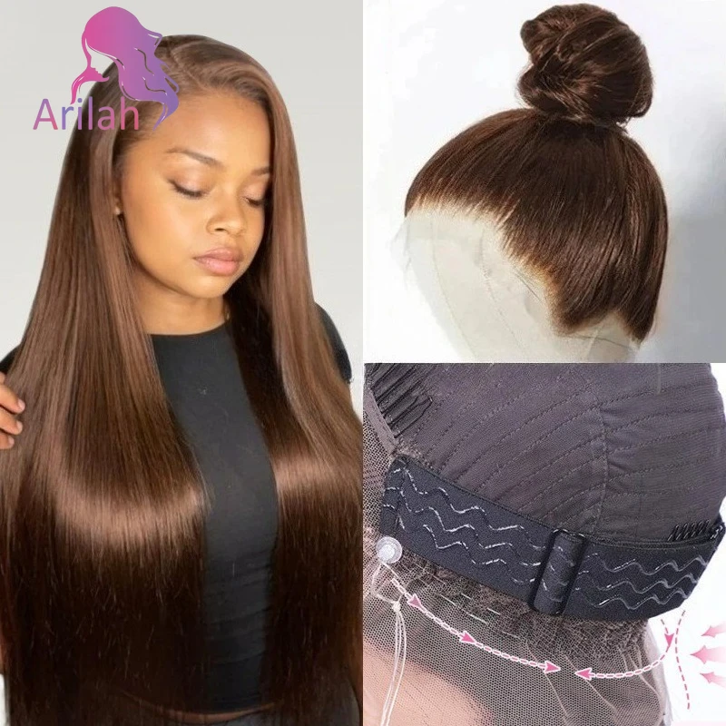 18-32 بوصة اللون البني حزام غير مرئي 360 شعر مستعار أمامي مستقيم الدانتيل مع # 4 ألوان شعر عذراء برازيلي نهاية كاملة