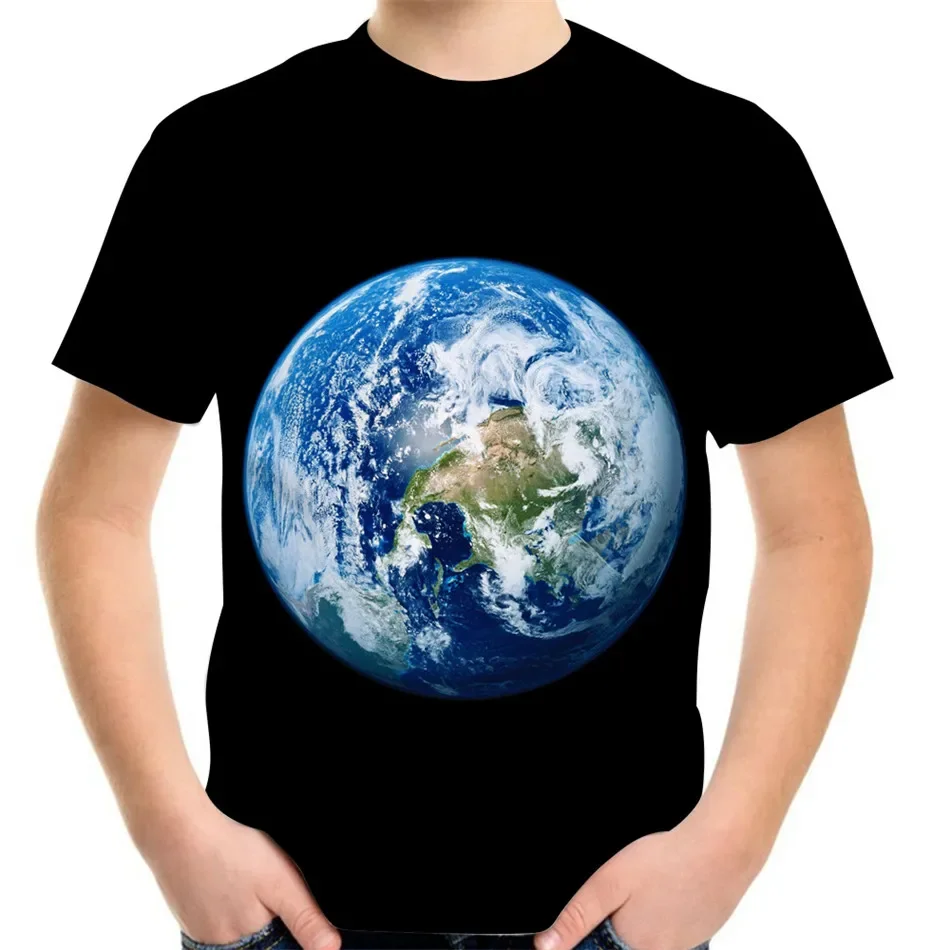 T-shirts for Children and Teenagers Aged 4 to 13, Summer and Casual, Featuring the Milky Way, Earth, Sun, Moon, 3D, Boys