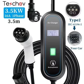 Teschev 220V 230V Draagbare EV-oplader Wallbox 16A Type1 J1772 Oplaadkabel Type2 Snoer IEC62196 Schuko-stekker voor elektrische auto