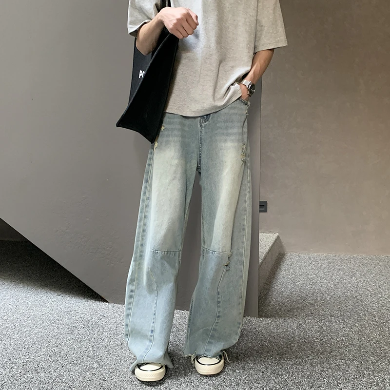 

Летние трендовые рваные джинсы, прямые свободные мужские брюки, широкие рваные джинсы