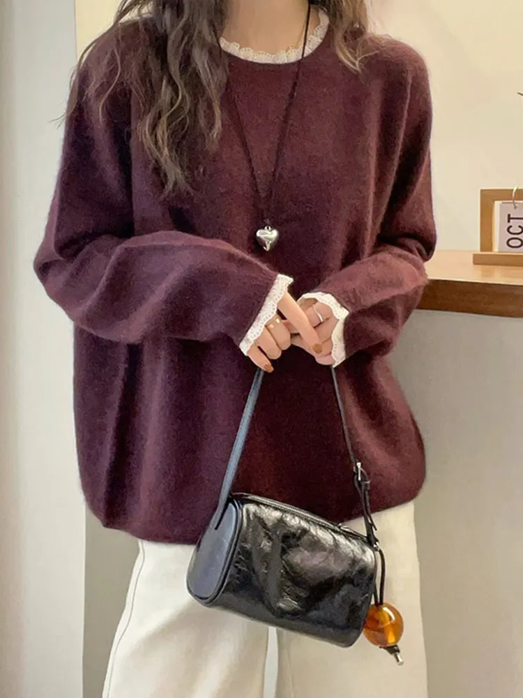 

Шикарный кружевной дизайн, круглый вязаный свитер Ne Long Sve, корейский модный утягивающий топ, свободный крой для поездок на работу, обычный крой