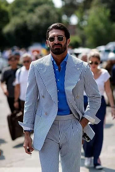 Tesco Customized Double Breasted Seersucker Suit Men 2 Piece Suits for Men Summer Wedding Casual Big and Tall Lightweight
