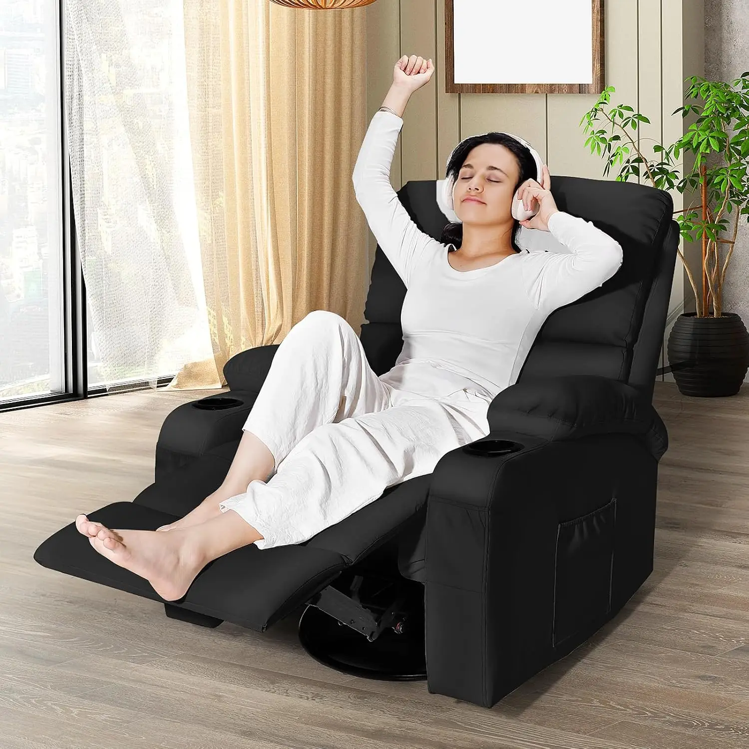 Massage Rocking Recliner with Heat & Vibration, USB & Type-C Ports, 360° Swivel Faux Leather, Living Room Bedroom RV, Customized