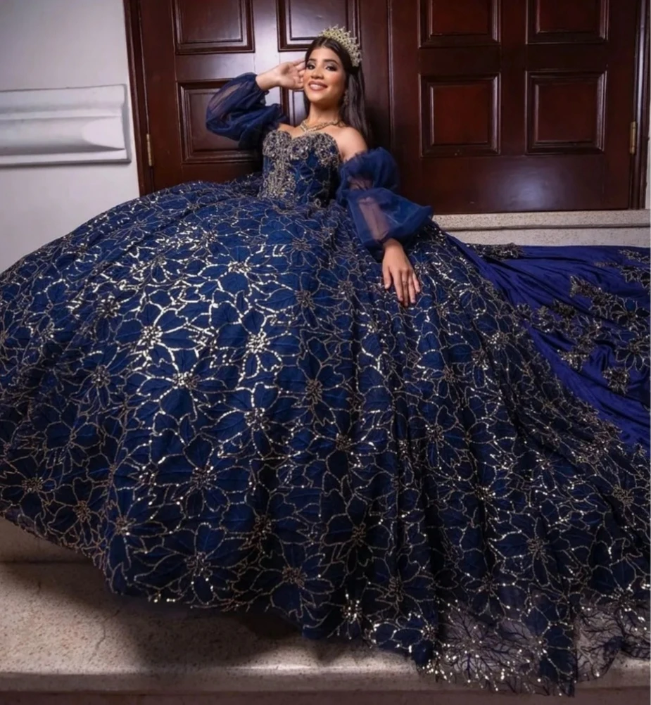 

Navy Blue Princess Quinceanera Dresses Ball Gown Sweetheart Lace Beaded Sweet 16 Dresses 15 Años Mexican