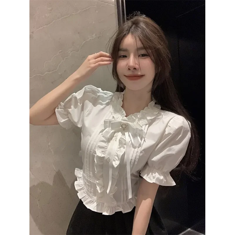 เสื้อเชิ้ตแขนสั้นผูกโบว์ ดีไซน์สำหรับผู้หญิง ชายเสื้อทรงฟองจ์ ทรงเข้ารูป