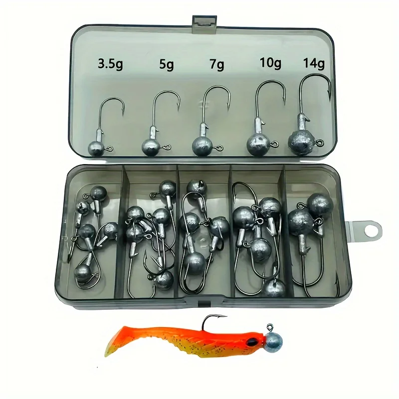 Image of [Angelzubehör mit Widerhaken] 25 Stück/Box Jig-Haken mit Widerhaken, weicher Wurmhaken, Bleikopfhaken, Angelzubehör