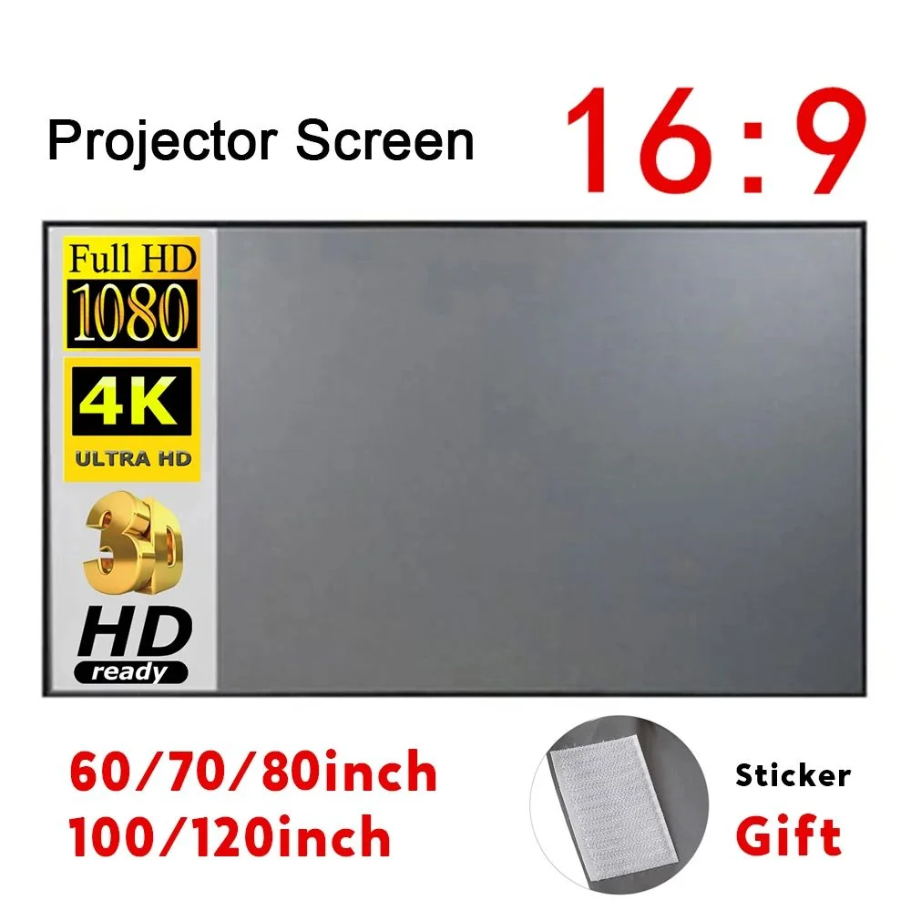 Tragbare HD-Projektorleinwand, 16:9, faltbar, langlebig, Wandmontage, für Outdoor-Filme, Heimkino, Büro, 60, 70, 80, 100, 120 Zoll