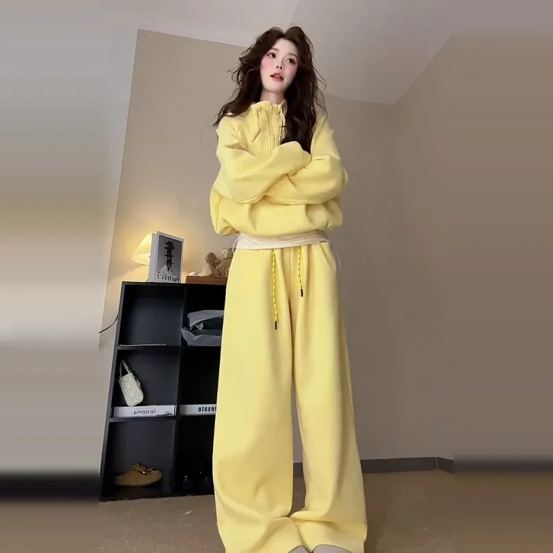 

Полный комплект: утепленные спортивные удобные толстовки с воротником-стойкой и брюки с высокой талией и широкими штанинами для женщин на осень