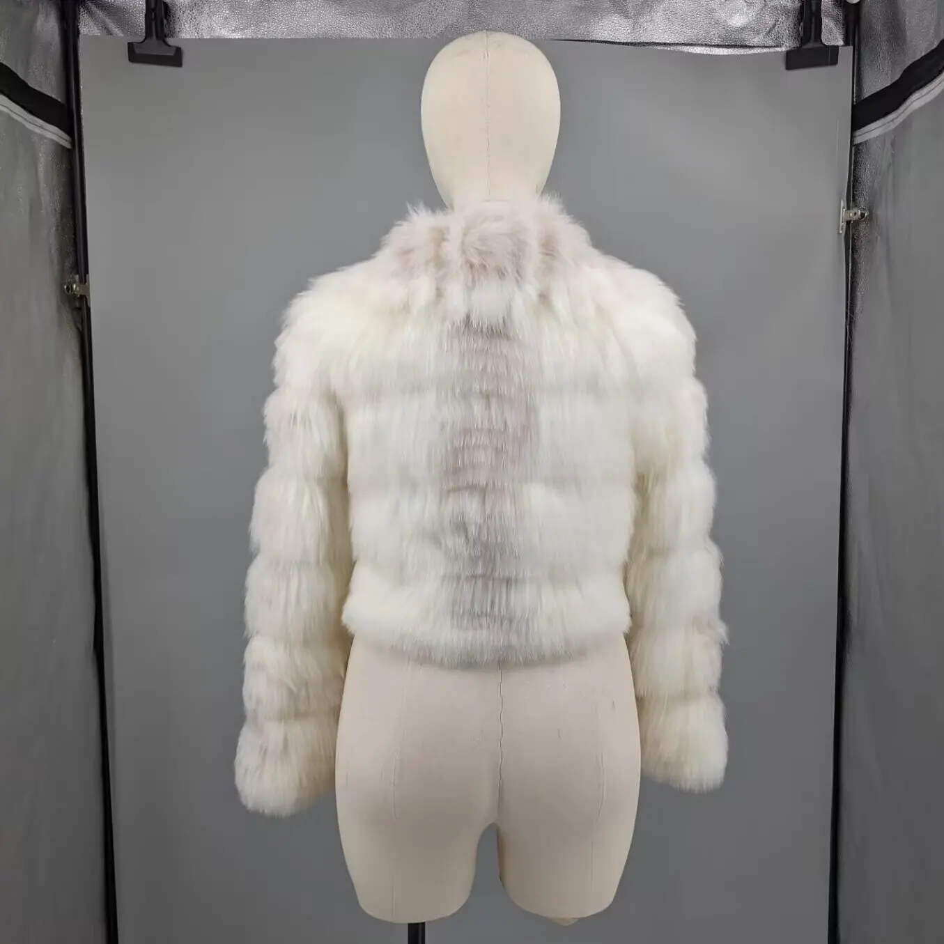 Women Beige Korean Style Real Stitched Striped Fox Fur Cropped Coat V Neck Lightweight Thin Fur Outerwear For South Mild Win1139