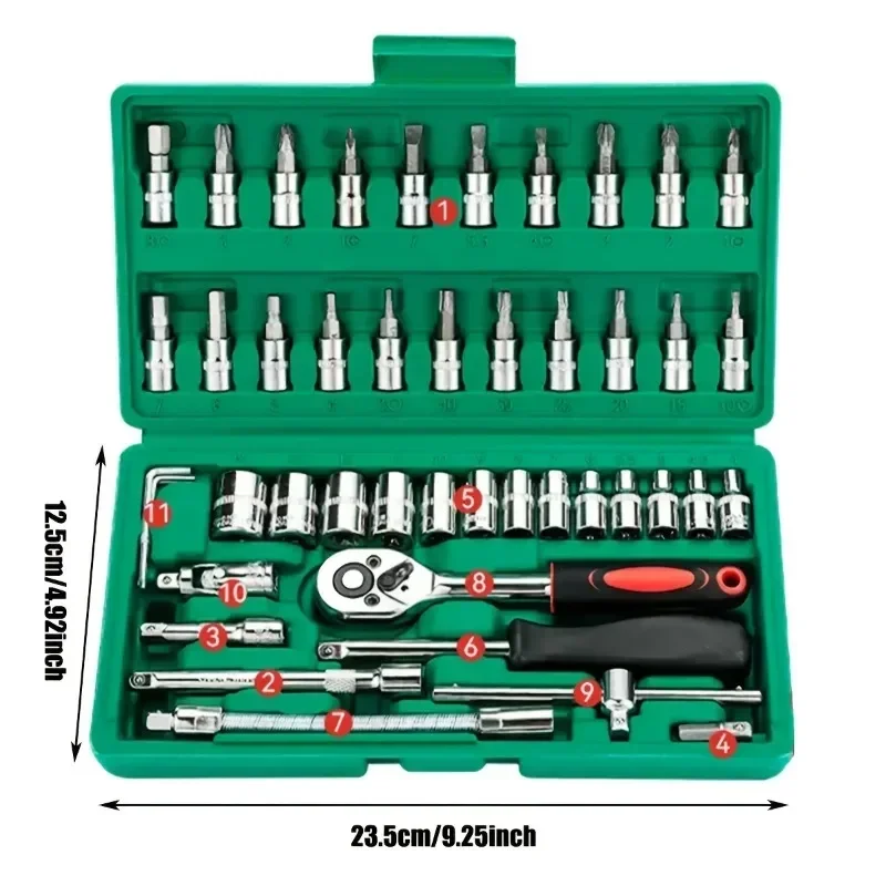 46pc Drive Socket Set 1/4 inch Ratelsleutel Set met Sockets Metrische Hex Bit Socket Set Monteur Tool Kits voor Huis Auto Reparatie