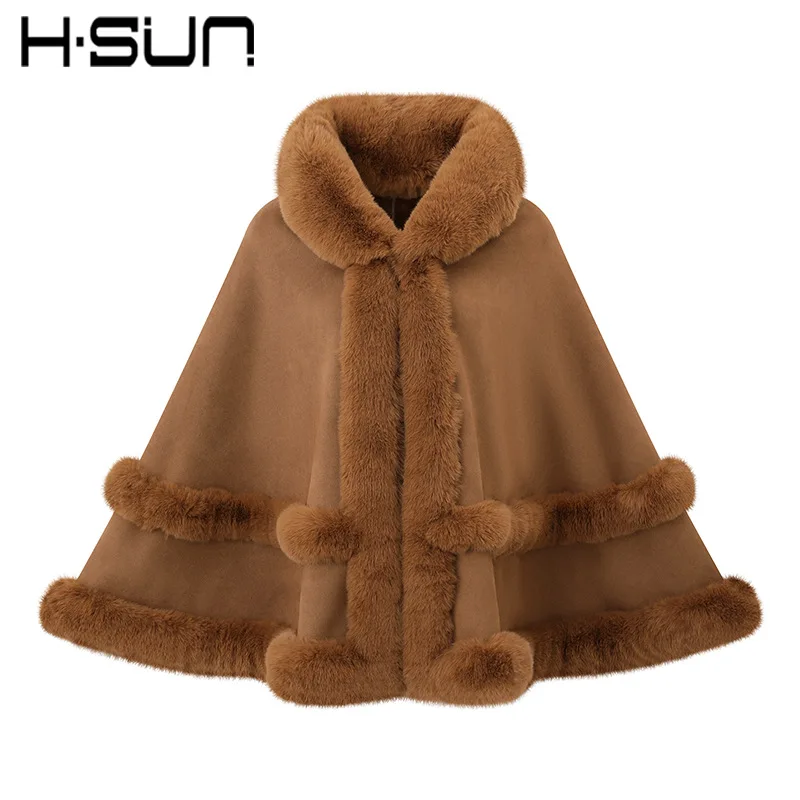 Winter Fashion Women's Cape Coat Furry Collar Trim Warm Loose Slim Fit Trendy Elegant Versatile Commute Casual Daily Wear Cloak