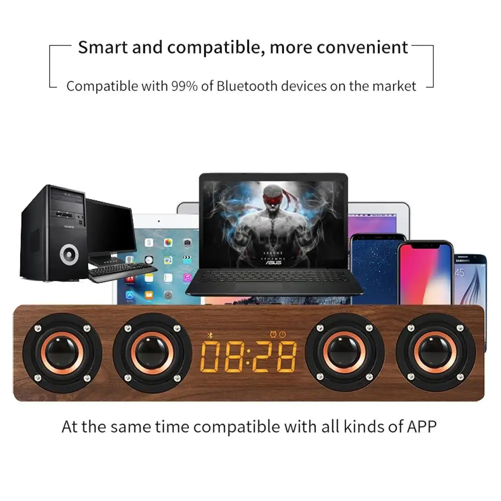 Rechargeable Wooden Bluetooth Clock with Alarm Soundbar Subwoofer Speaker Room Home E-sport or Radio for Decoration and FM Game