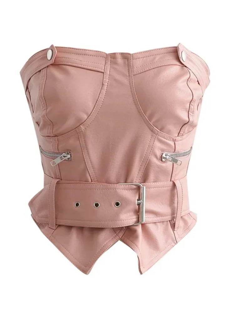 Y2k Strapless Sleeveless Sexy Slim PU Chest Korean Fashion Chain Zipper Short Top