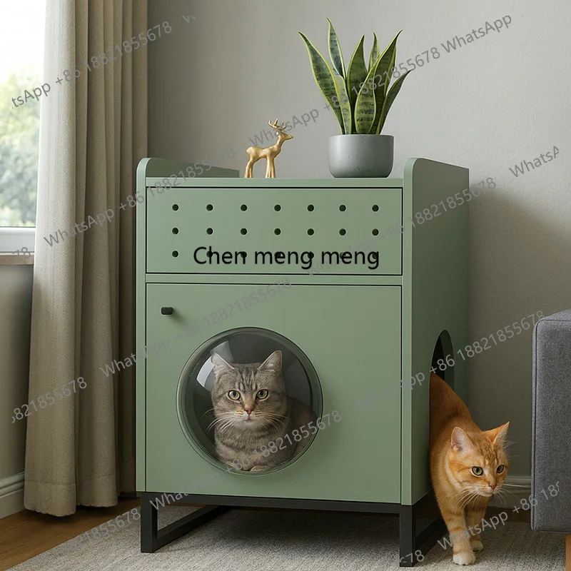 Multi Function Wooden Cat Furniture with Litter Box Hideaway Storage Drawer Pet House Cabinet with Circular Entry for Indoor