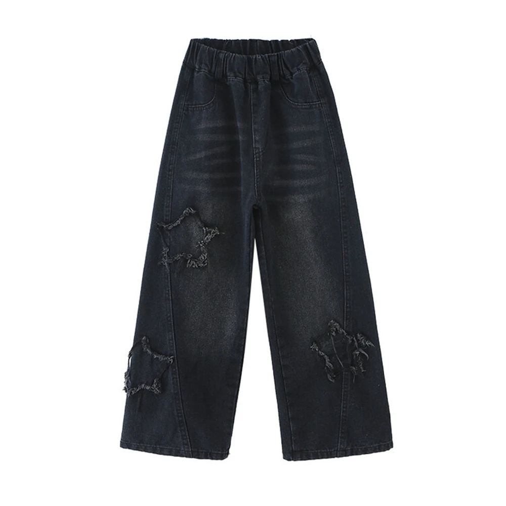 Teenage Girls Jeans Spring/Autum New Paste Cloth Five-pointed Star Wide Leg Pants Kids Trendy Children's Trousers 10 12 14 Years