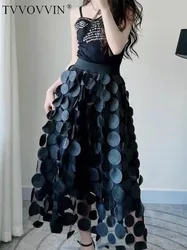 pink Mesh Splicing Round Polka Dots Printing Casual Skirt Spring Summer Black Women Elastic Waist Skirt Loose Kroean Style ER5Q
