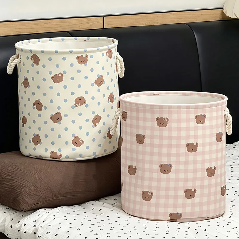 Cute Bear Plaid Round Laundry Basket Foldable Fabric Storage Hamper with Rope Handles