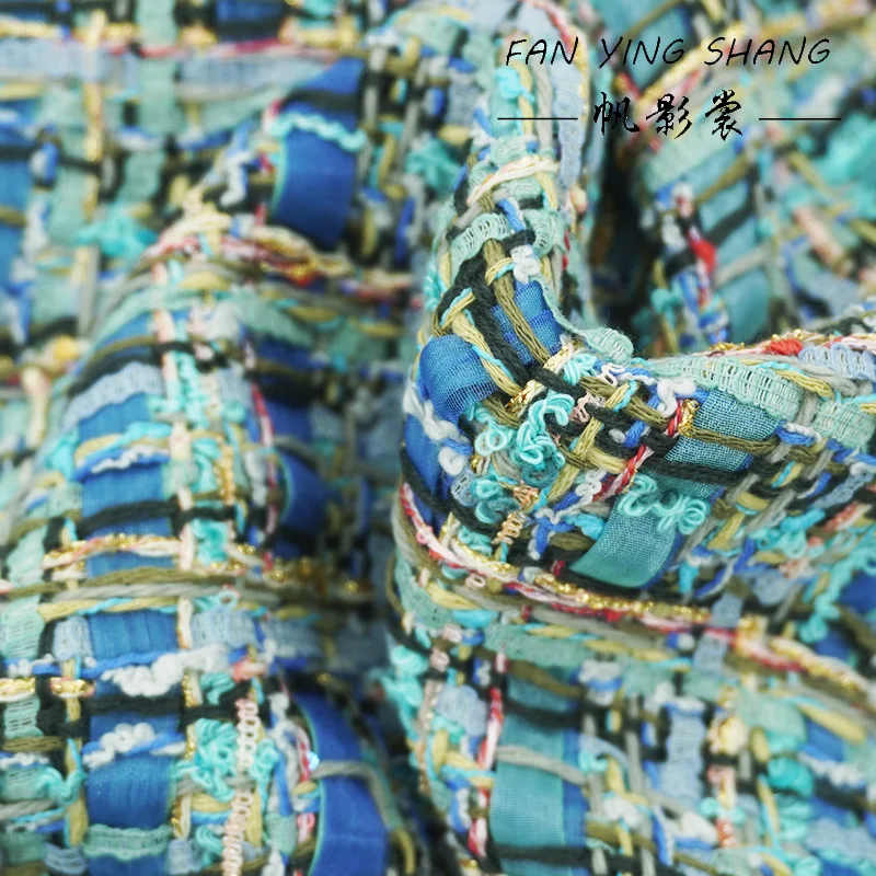 Blue Turquoise Multicolor Check Boucle Tweed Fabric Cotton Blend Metallic Yarn Luxury Designer Cloth For Coat Blazer Jacket Diy