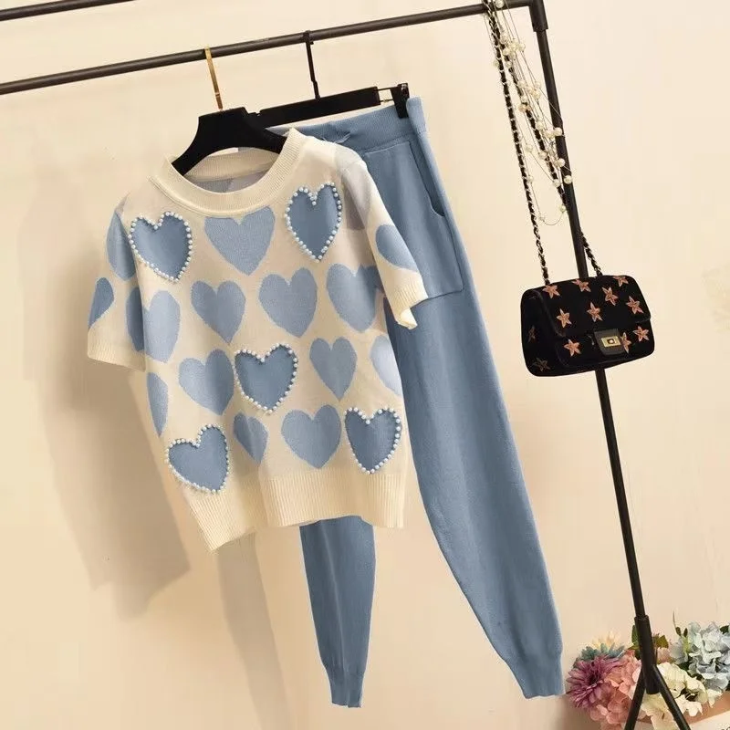 Casual Women Home Wear Knit Set Summer Short Sleeve Pearl Splice Top And Pencil Pants With Pocket Elegant Sweet Office Lady Set