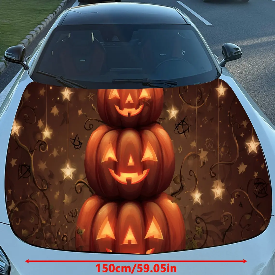 Colorful Stacked Pumpkins Car Engine Hood Vinyl Wraps Sticker, Trendy Auto Cover Decal, Waterproof Self-adhesive Vehicle Decal,