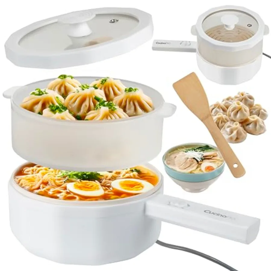 

3-In-1 Electric Hot Pot w Dumpling Steamer and Rice Cooker - Multi-Function Non-Stick Cooker 1.5L - Rapid Noodles Fried Rice Ra