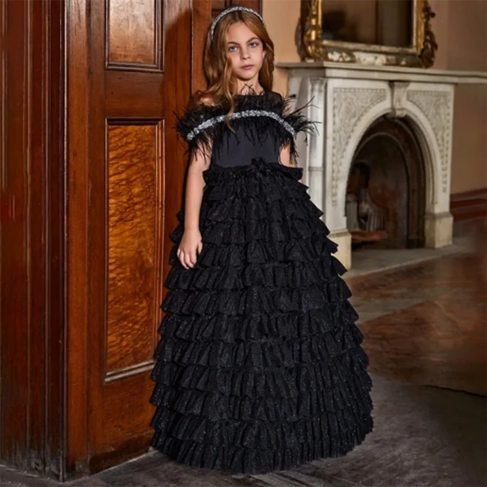 

Luxury Shiny Strapless Crystals Long Ball Pleat Flower Girl Dress Off The Shoulder Floor Length First Communion Dress Customized