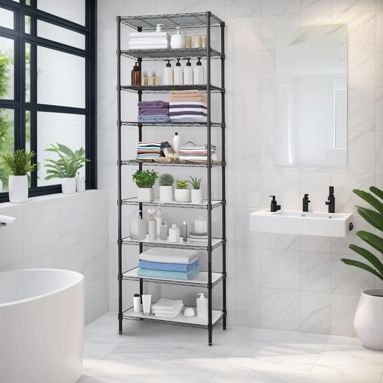 وحدة رفوف سلكية مكونة من 9 طبقات رفوف سلكية فولاذية قابلة للتعديل، ارتفاع 81 بوصة و9 أرفف رف تخزين معدني، جودة البيع الساخن