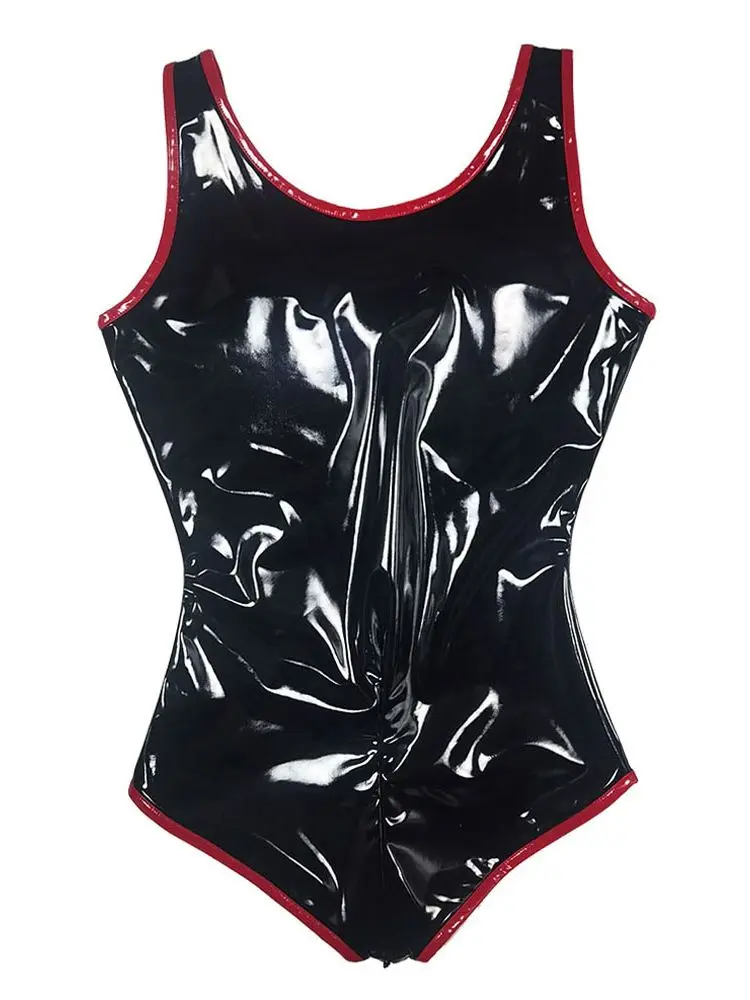 Wet Look PVC Catsuit Shiny PU Leather Zipper Open Crotch Bodysuit Hollow Out Breast Cosplay Body Tops Tights Hot Sexy Clubwear