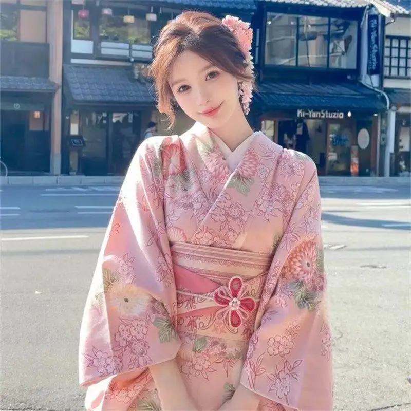 

Cute Pink Kimono Women's Traditional Japanese Clothing Outdoor Street Photography Outfit Carnival Cosplay Costume Female Yukata