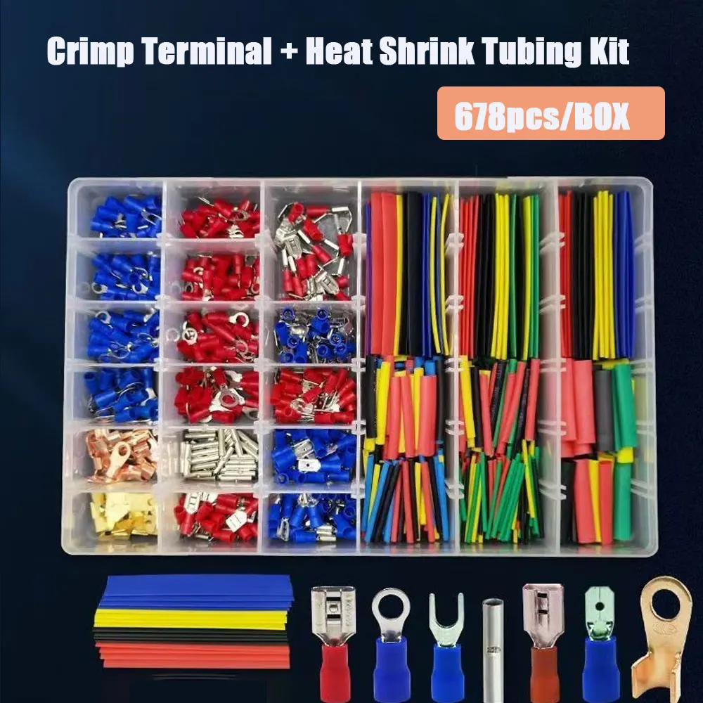 

678pcs Heat Shrink Tube Sleeving Set, CarElectrical Wire Terminals Insulated CrimpConnectors Spade Set Kit