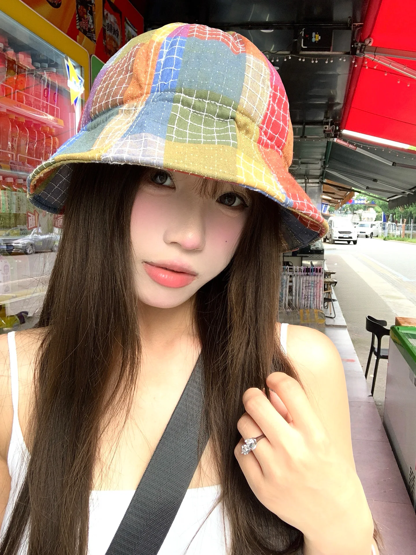 Retro Japanese Style  Plaid Fishing Cap Women's Summer Versatile Face Slimming Outdoor Sun Protection Foldable Hat